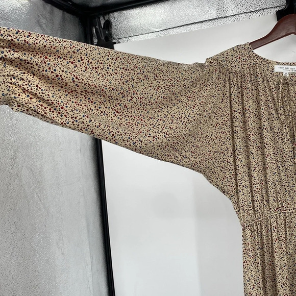 Sweet Baby Jamie Ditsy Shirt Dress Women Size XS Tan Blue Speckled Tiered Ruched - Picture 5 of 13